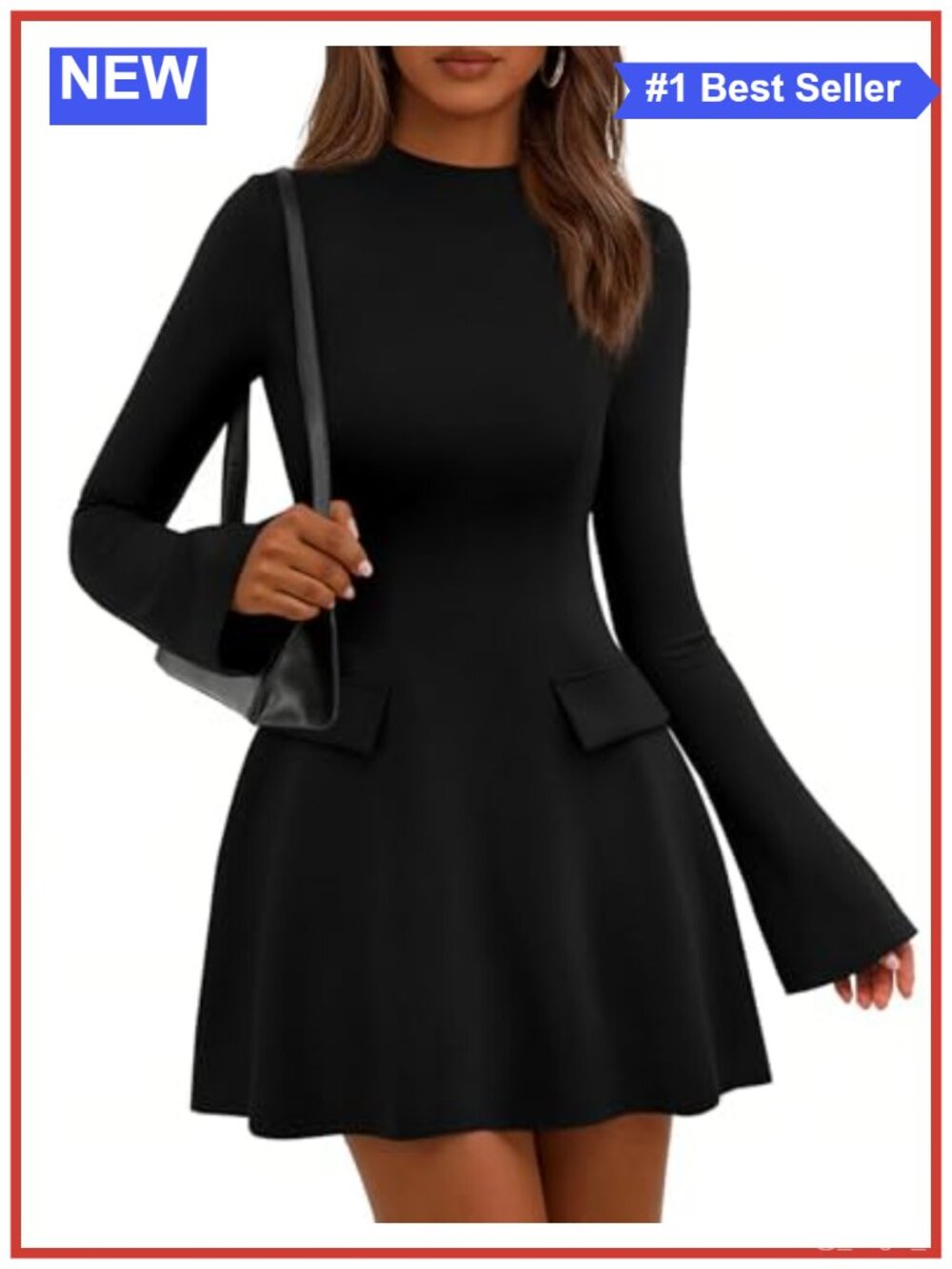 Women's Bell Sleeve Bodycon Mini Dress Mock Neck Long Sleeve